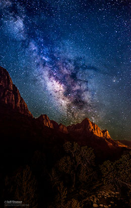 Milky Way rising over the Watchman at Zion National Park / Photo by Jeff Stamer