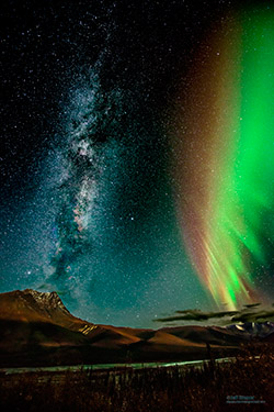 Two of my favorites in the same shot:  The Milky Way and the Aurora!   Nikon D800E /14-24 Nikkor f2.8 / 30 seconds/ ISO 3200 -- Photo by Jeff Stamer